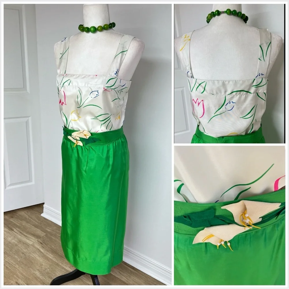 Vintage Green Satin Midi Skirt w Floral Top & Statement Belt – 60s Inspired - Picture 15 of 16